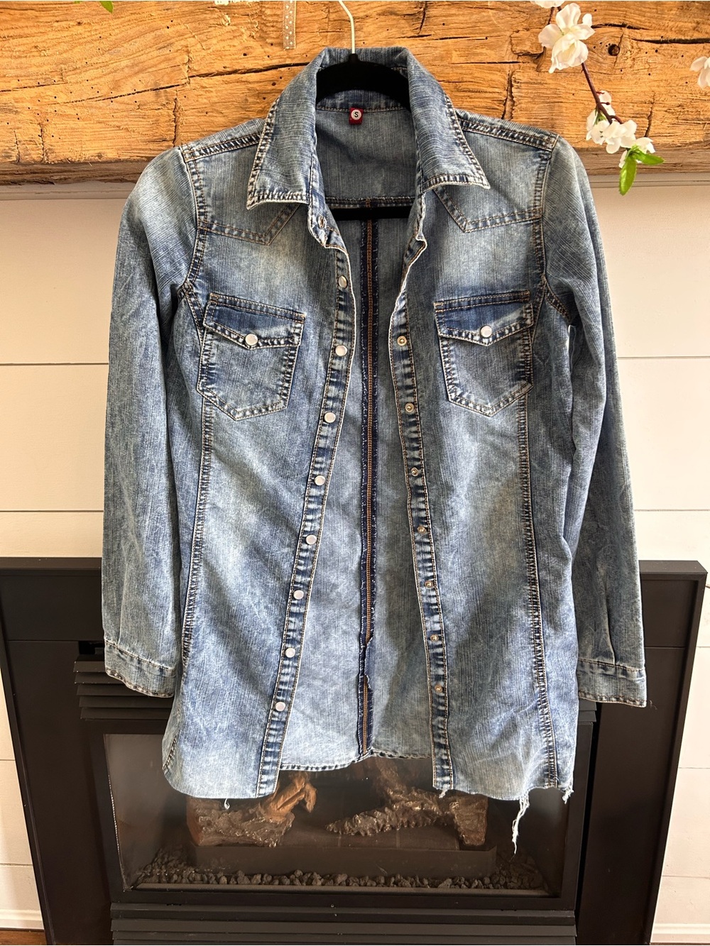 Light Blue Longline Denim Jacket with Snap Pockets